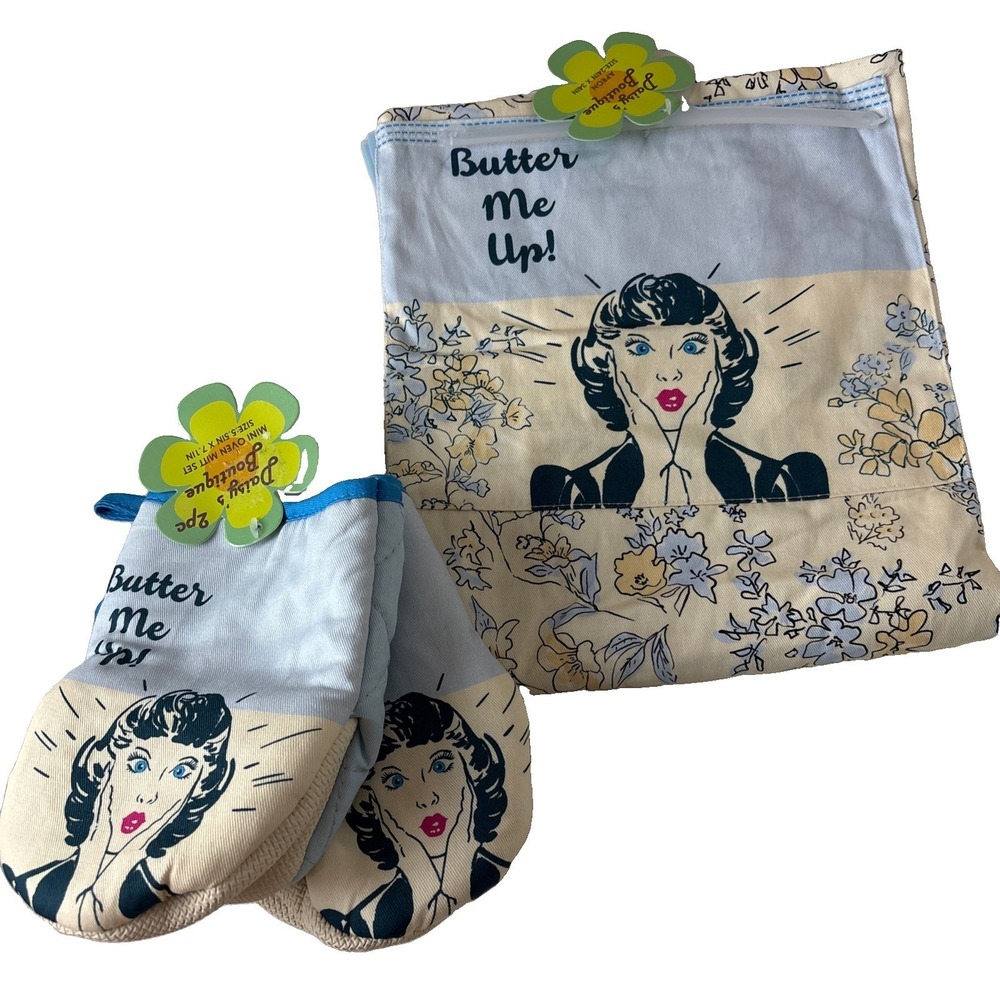 Daisy's Boutique Retro Style Kitchen Apron 24x34 and oven Mitt set Butter me up